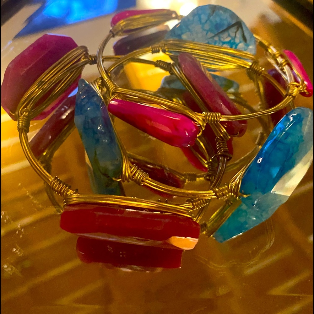 Bourbon and Bowties Bangles Gold Turquoise and Pink Stones - Set of 3 Bracelets